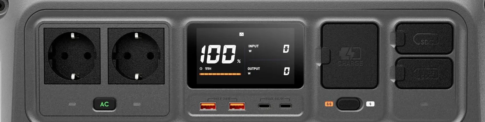 DJI Power 1000 V2, façade : deux prises secteur, écran, ports USB-A et USB-C