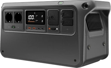 Station d’énergie DJI Power 1000 V2 vue de trois-quarts, prises secteur et écran en façade