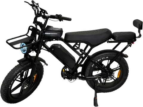 Fatbike électrique OVE X80 noir avec porte-bagages avant et selle passager à dossier