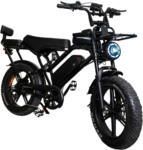 Fatbike électrique OVE X80 noir, deux places, vu de trois-quarts avant